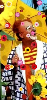 Colorful clown with sunflowers and polka-dot umbrella.