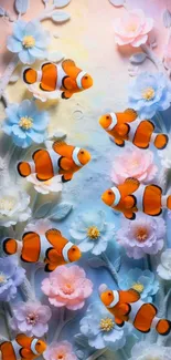Colorful wallpaper with clownfish and pastel flowers.