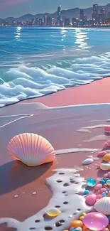 Colorful seashells on a serene beach with ocean view.