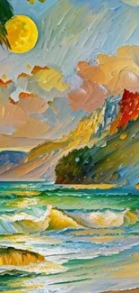 Vibrant oil painting of a coastal sunset with colorful waves and sky.