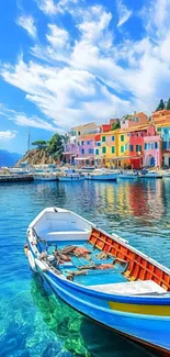Vibrant coastal village with boat on blue water.