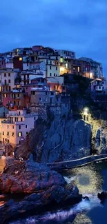 Colorful coastal village illuminated at night with sea view.