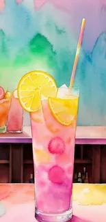 Vibrant watercolor cocktail with citrus slice and rainbow colors in a glass.