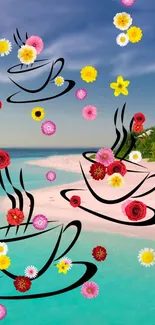 Colorful coffee cups and flowers on a tranquil beach wallpaper.