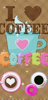 Whimsical wallpaper with a colorful coffee theme and heart accents.