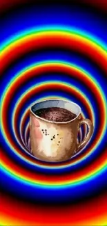 Colorful wallpaper with coffee mug and rainbow circles.