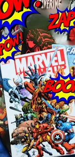 A dynamic collage of Marvel and DC comic book covers.