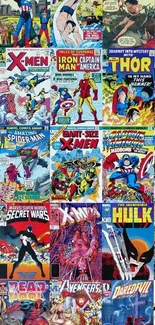 Mobile wallpaper with colorful comic book covers collage.