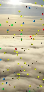 Colorful confetti raining down over fluffy clouds with a bright sky.