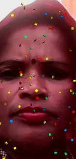 Portrait with colorful confetti on a red background.