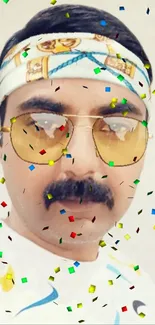 Portrait with colorful confetti and retro sunglasses.