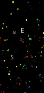 Colorful confetti and letters on a dark background wallpaper.