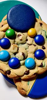 Vibrant cookie with colorful candies on a plate.