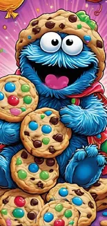 Cartoon Cookie Monster with cookies.