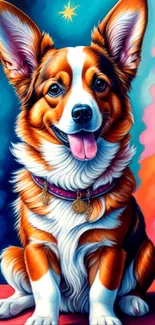 Vibrant corgi artwork with colorful background.