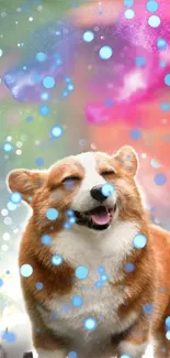 Corgi in colorful bubbles with a playful backdrop.