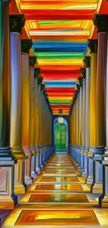 Vibrant corridor with colorful pillars in abstract art style.