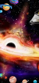 Vibrant cosmic scene with planets and black hole in colorful mobile wallpaper.