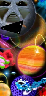 Colorful cosmic art wallpaper with planets and a DNA strand.