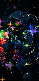 Vibrant astronaut in space with neon colors and stars enhancing the cosmic scene.