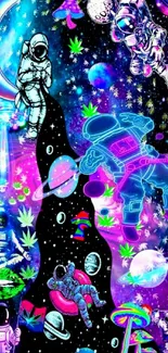 Multicolored wallpaper with neon cosmic astronauts.