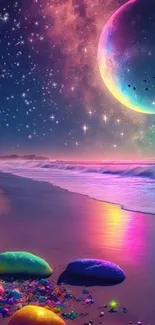 Colorful cosmic beach with stars, planets, and vibrant shoreline.