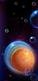 Vibrant cosmic wallpaper with planets and bubbles.