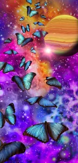 Blue butterflies in vibrant cosmic space with planet and stars.