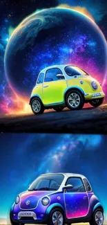 Vibrant wallpaper of two colorful cars in a cosmic galaxy setting with neon hues.