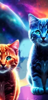 Vibrant cosmic cats mobile wallpaper with colorful celestial backdrop.