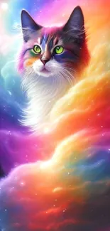 A cat surrounded by colorful, swirling cosmic clouds.