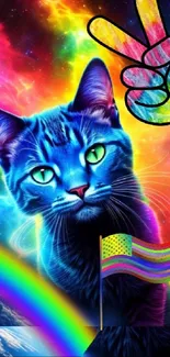 Vibrant neon cat with peace sign in cosmic galaxy.