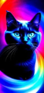 A stunning cosmic cat with vibrant neon swirls.