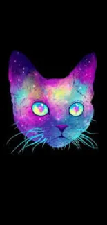 Vibrant cosmic cat on a black background, psychedelic art.