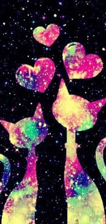 Colorful cosmic cats with hearts on a starry black background wallpaper.