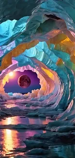 Colorful cave with cosmic elements and moon.