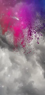 Vibrant cosmic cloud wallpaper with pink, purple, and gray tones.