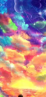 Vibrant cosmic cloud wallpaper with neon colors and starry sky.