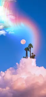 Blue sky with rainbow arc, pink clouds, and palm trees.