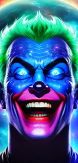 Colorful cosmic clown with neon colors on space background.