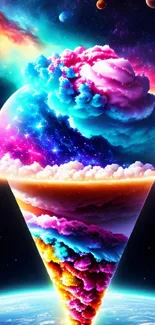 Vivid cosmic cone with galaxy backdrop and colorful clouds.