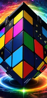 Colorful cosmic-themed cube with galactic background.