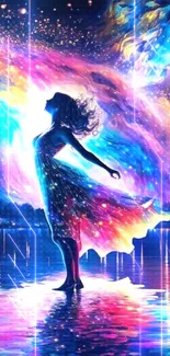 Silhouette of a figure dances amid vibrant cosmic colors and lights.