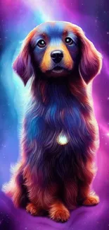 A colorful cosmic-themed dog on a galaxy background, perfect for mobile wallpaper.