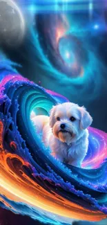 Cute dog in neon cosmic waves under a celestial sky.