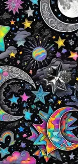 Vibrant celestial wallpaper with stars and moons.