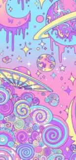 Colorful cosmic wallpaper with pastel planets and whimsical patterns.