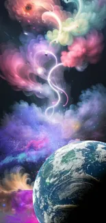 Colorful cosmic wallpaper with Earth and nebula clouds, perfect for mobile screens.