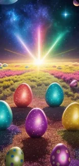 Colorful cosmic landscape with glowing eggs.