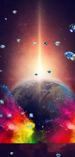 Vibrant cosmic explosion with colorful energy surrounding Earth.